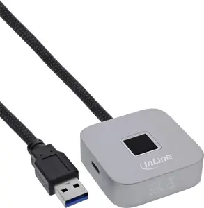 Сканер отпечатков пальцев с USB-хабом InLine 41360K, совместим с Windows Hello, кабель 1,5 м, серебристый