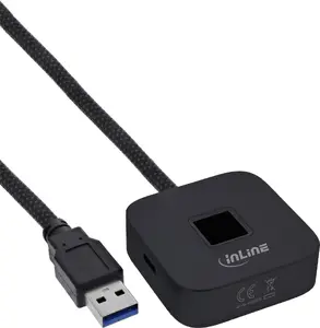 Сканер отпечатков пальцев InLine с USB-хабом, совместим с Windows Hello, кабель 1,5 м, черный
