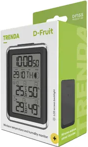 Bezvadu temperatūras un mitruma monitors D-Fruit Trenda DF155 ar iekštelpu/ārtelpu sensoriem un apgaismotu LCD