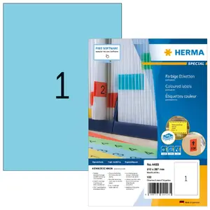 HERMA Coloured Labels A4 210x297 mm, Blue, Matt Paper, Permanent Adhesive, 100 Sheets