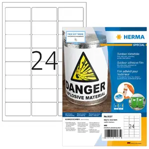 HERMA 9537 A4 pašlīmējošās taisnstūra uzlīmes, 63.5 x 33.9 mm, baltas, 960 gab.