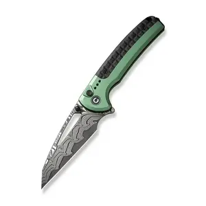 CIVIVI Sentinel Strike Folding Knife, Damascus Steel Blade, Green Aluminum and FRN Handle