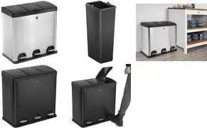 Helit The Separator Pedal Waste Bin, 3 x 20 Liters, Stainless Steel, 3 Compartments with Soft-Close Lids