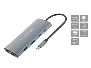 Conceptronic DONN06G 10-in-1 USB 3.2 Gen 1 Docking Station with HDMI, 100W Power Delivery, and Gigabit Ethernet
