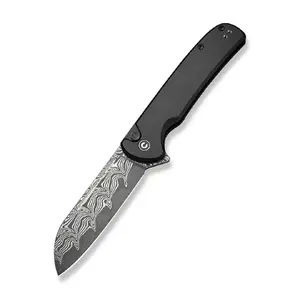 CIVIVI Chevalier II Folding Knife, Damascus Steel Blade, Black Aluminum Handle
