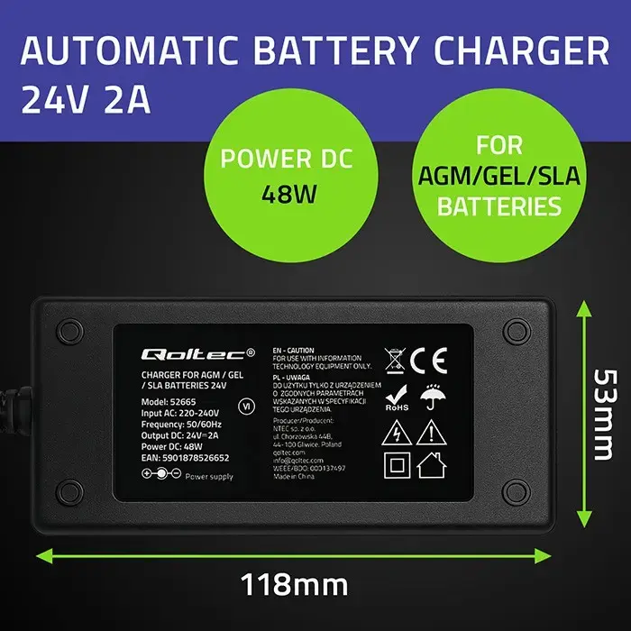 Qoltec 52665 akumulatoru lādētājs 24V 2A 48W Photo 5