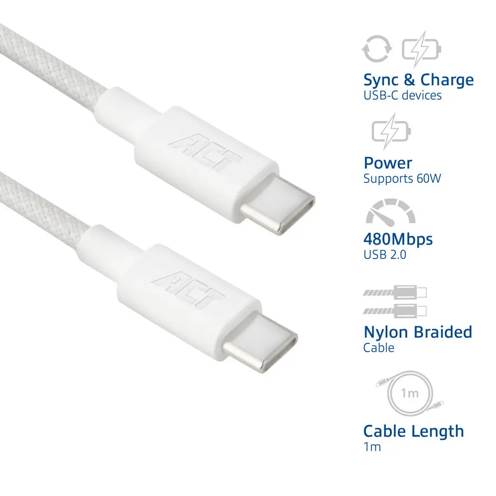 ACT AC3080 USB-C to USB-C Cable 1m White Photo 2