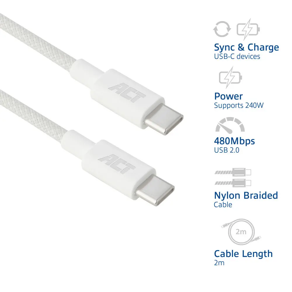 ACT USB-C to USB-C 240W Cable 2m White Photo 2