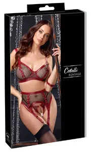 Cottelli Collection Bondage veļas komplekts, krūšturis bez stīpiņām, zeķturu josta, atvērtas biksītes un roku saites, izmērs XL