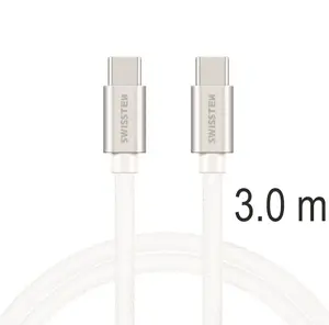 SWISSTEN Textile USB-C to USB-C Data and Charging Cable, 3m, Quick Charge 3.1, Silver