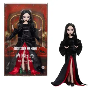 Monster High x Wednesday Morticia Addams kolekcionējama modes lelle melnā samta kleitā