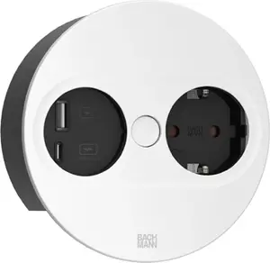 Сетевой блок Bachmann TWIST2 с розеткой 1x CEE7/3 и зарядным устройством 1x USB-A/C 22 Вт, круглый, белый, кабель 0,2 м с разъемом ISV
