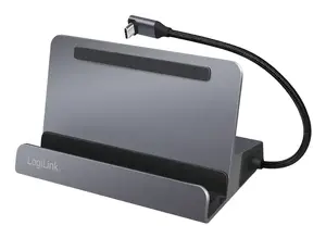 LogiLink UA0408 universāla USB-C dokstacija ar planšetdatora statīvu, HDMI 4K, 3x USB-A, Gigabit Ethernet