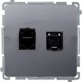 Двойная компьютерная розетка Kontakt-Simon Basic RJ45 категории 6 со шторками, матовый серебристый