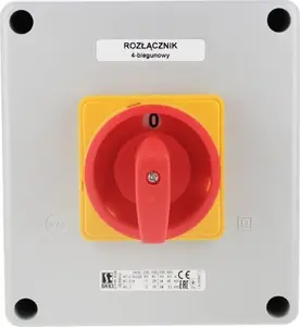 Spamel SK63-2.8210/OB16ZC Cam Switch 63A 4-Pole 0-1 Disconnector in OB16 Enclosure with Yellow/Red Lockable Front