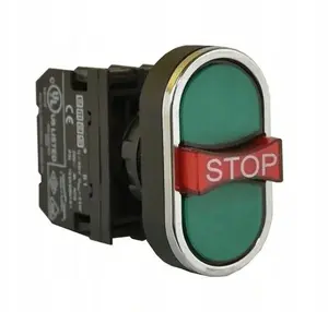 Трехпозиционная кнопка управления Schneider Electric T0-B121B30YY, зеленая с выступающей красной кнопкой, без фиксации, 2НО+1НЗ