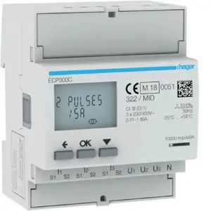 Hager ECP300C 3-Phase Energy Cost Meter, 6A, 45-65 Hz