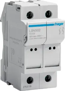 Модульный держатель предохранителей Hager LSN502 2P 32A 690V для предохранителей 10x38 мм