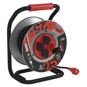 EMOS P084254 kabeļu spole ar 4 F tipa kontaktligzdām, 25 m, IP44, melna/sarkana