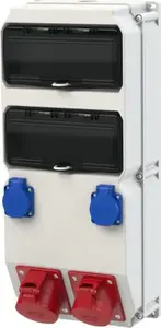 PCE SZUBIN Stationary Distribution Box 32A/5P, 16A/5P, 2x Schuko, 2x B16 MCB, RCD 40A, IP44