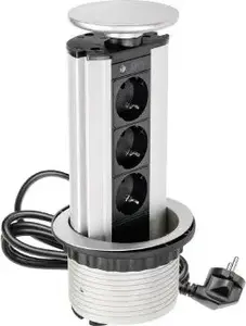 GTV Recessed Desk Power Strip AE-BPW3GS-80, 3 x Schuko Sockets, 100mm Diameter, Silver