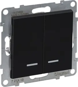 Двухклавишный выключатель Legrand SUNO с подсветкой, 10AX 250В, черный, безвинтовые зажимы