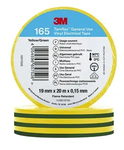 3M Temflex 165 PVC izolācijas lente, 19 mm x 20.12 m, zaļa/dzeltena