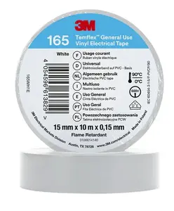 3M Temflex 165 PVC izolācijas lente, 15 mm x 10 m, balta