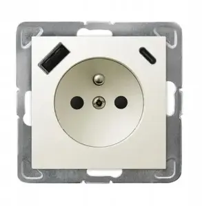 Розетка одинарная Ospel IMPREJSJA с заземлением, шторками и зарядным устройством USB A+C, цвет экрю