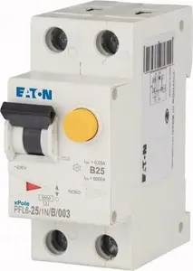 Дифференциальный автомат Eaton PFL6-25/1N/B/003, 2 полюса, 25А, характеристика B, 30мА, тип AC, 6кА