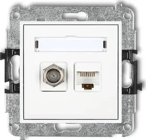Антенная розетка Karlik MINI типа F (SAT) с компьютерным разъемом 1xRJ45 кат. 5e, белая