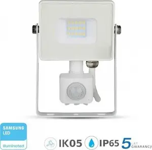 V-TAC VT-10-S-W LED Floodlight with PIR Motion Sensor, 10W, 800lm, 4000K, IP65, White