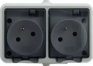 Двойная герметичная розетка KOS HYDRO LINE с заземлением 16A IP44 с дымчатой крышкой белая