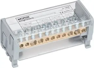 MOREK MOBLOCK 2-Pole Distribution Block 1000V 125A, 2x35mm2 + 2x25mm2 + 7x6mm2, TS35 DIN Rail Mount