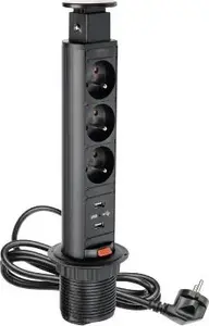 Встраиваемый настольный удлинитель GTV AE-BPW3U60U-20, 60 мм, 3 розетки, 2 USB-порта, кабель 1.5 м, черный