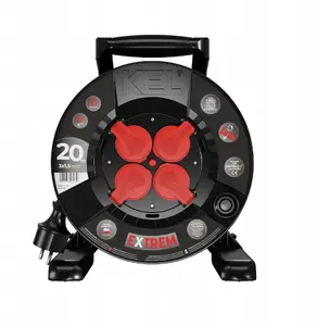 Катушечный удлинитель Plastrol EXTREME LINE, 4 розетки, IP44, 16A, H07BQ-F 3x1.5 мм², 20 м, черный