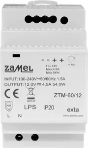 Импульсный блок питания Zamel ZTM-60/12, 60 Вт, 12 В пост. тока, для установки на DIN-рейку TH-35