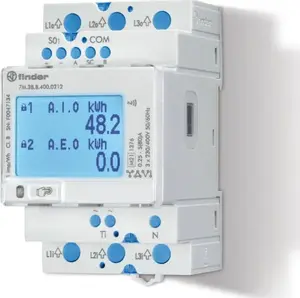 Finder 7M.38.8.400.0212 trīsfāžu divvirzienu elektroenerģijas skaitītājs, 80A, Modbus RS485, NFC