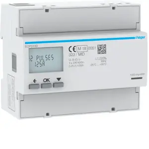 Hager ECP310D 3-Phase Electric Meter, 125A, 6M, Pulse Output, MID Certified