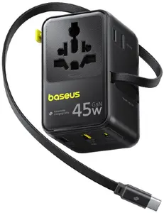 Baseus PicoGo AG11 45W 6-in-1 Travel Adapter with Retractable USB-C Cable - Black