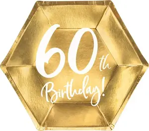 PartyDeco 60th Birthday Paper Plates, Gold, 20 cm, 6 Pieces