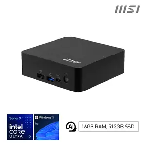 MSI Cubi NUC AI+ 3MG Mini dators ar Intel Core Ultra 5 322 procesoru, 16GB DDR5-SDRAM, 512GB SSD, Intel grafiku, LAN, Wi-Fi, Bluetooth un Windows 11 Pro