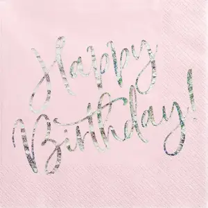 Праздничные салфетки PartyDeco Happy Birthday, светло-розовые, 33 см, 20 штук