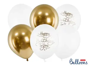 PartyDeco Latex Toy Balloons, Gold and White, 30 cm, 6 Pieces