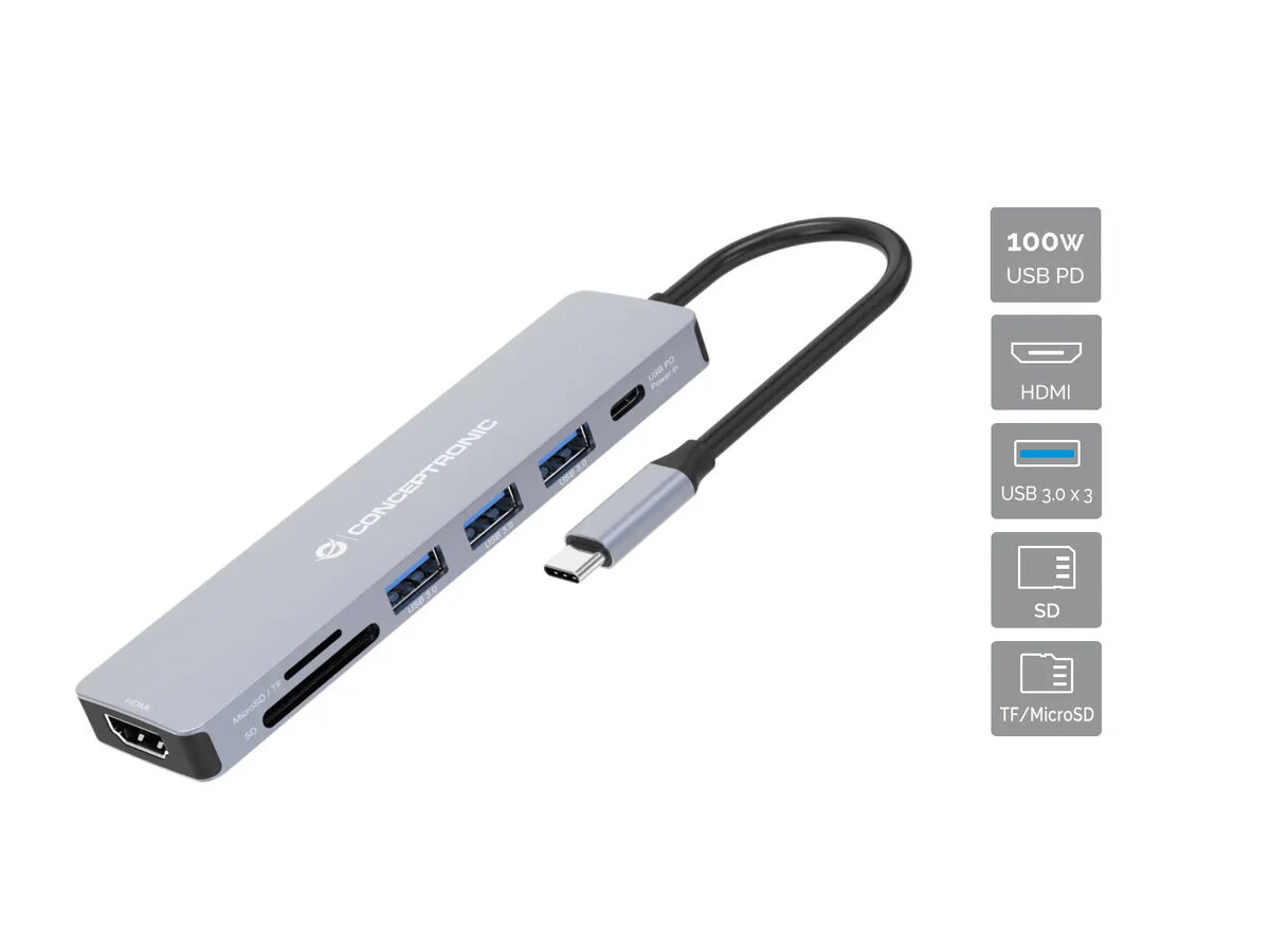 Conceptronic DONN19G 7-in-1 USB-C dokstacija ar