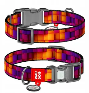Collar WAU DOG Nylon Dog Collar with QR Smart ID Tag, Size S, 15mm x 25-35cm, 3D Bones Pattern