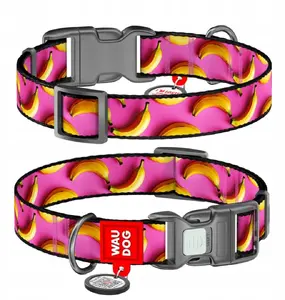Collar WAU DOG Nylon Dog Collar with QR Smart ID Tag, Size S, 15mm Width, 25-35cm Neck Circumference, Bananas Pattern