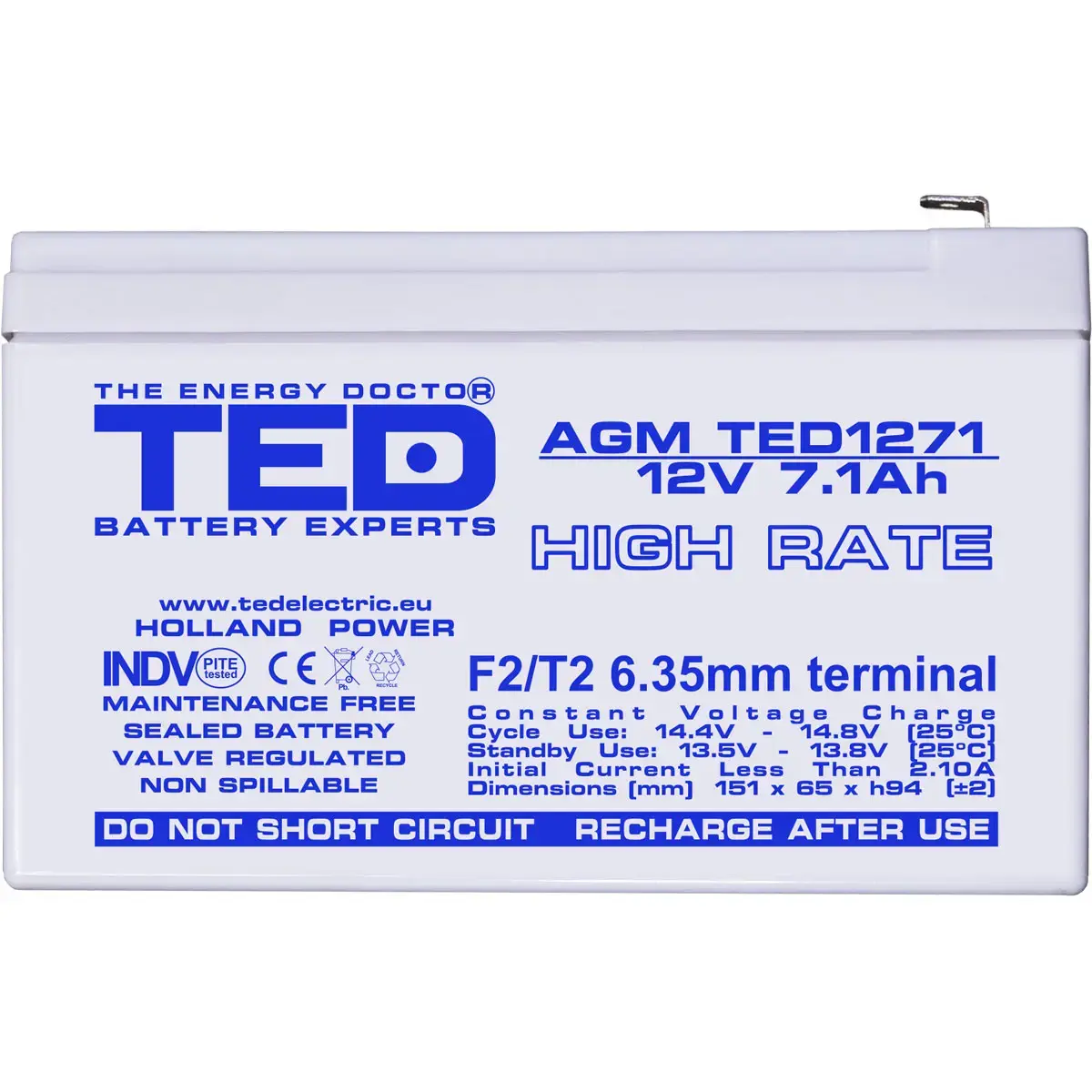 Аккумулятор TED 12В 7.1Ач AGM High Rate для ИБП Photo 3