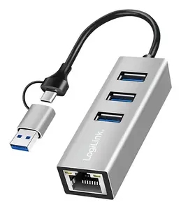 LogiLink USB 3.0 Hub with 3x USB-A Ports and RJ-45 Ethernet, 5 Gbit/s, 2-in-1 USB-A/USB-C Cable, Silver