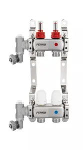 FERRO F-COMFORT 2-kontūru nerūsējošā tērauda sadalītājs ar termostatiskiem vārstiem un plūsmas mērītājiem
